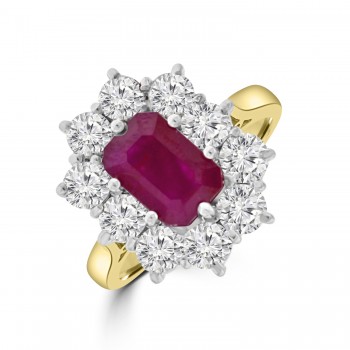 18ct Gold Emerald cut 2.39ct  Ruby & Diamond Cluster Ring