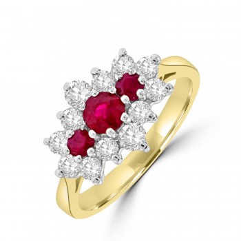 18ct Gold Ruby & Diamond Tri-cluster Ring