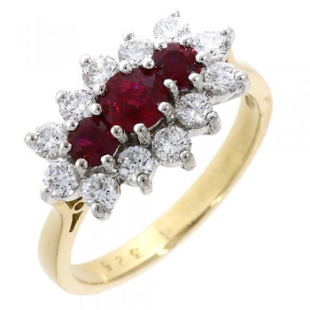 18ct Gold Ruby & Diamond Triple Cluster Ring