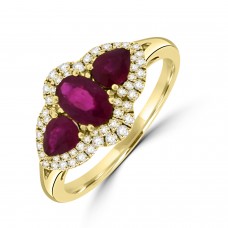 18ct Gold Oval and Pear Ruby Triple Diamond Cluster ring