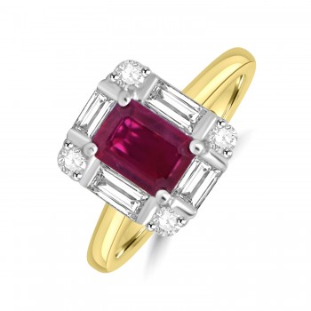 18ct Gold Platinum Ruby and Diamond Baguette cluster ring