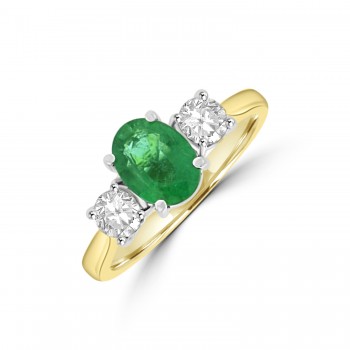 18ct Gold Oval Emerald and Diamond Three-stone ring