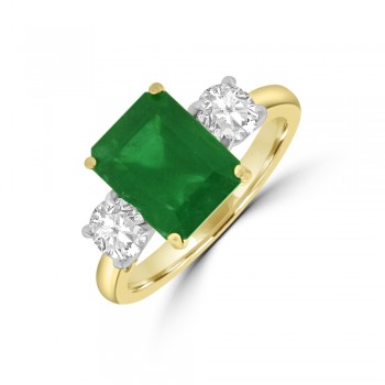 18ct Gold Three-stone Emerald cut Emerald & Diamond Ring
