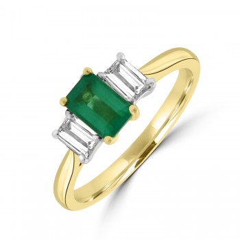 18ct Gold Three-stone Emerald and Baguette Diamond ring