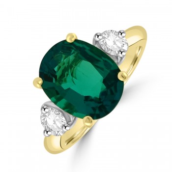 18ct Gold Three-stone 3.35ct Oval Emerald and HSi1 Diamond ring