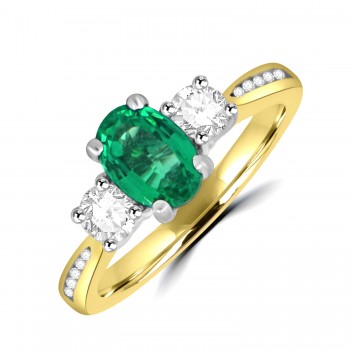 18ct Gold Oval Emerald and Diamond Trilogy ring