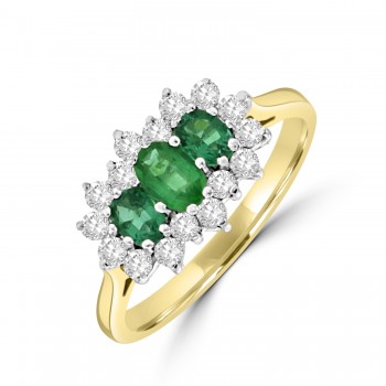 18ct Gold Oval cut Emerald and Diamond Triple Cluster Ring