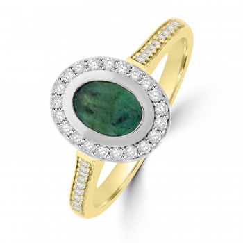 18ct Gold Rubover Emerald Diamond Halo ring