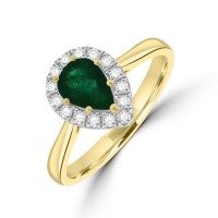 18ct Yellow Gold Emerald and Diamond Pear Halo Ring.