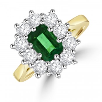 18ct Gold Emerald cut Emerald and Diamond Cluster ring