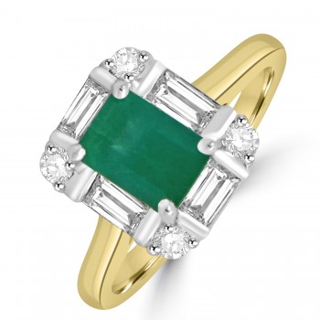 18ct Gold Platinum Emerald and Baguette Diamond Cluster ring