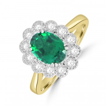 18ct Gold Platinum Emerald and Diamond Oval Cluster ring