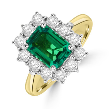 18ct Gold Platinum Emerald and Diamond oblong cluster ring 18ct Gold Platinum Emerald and Diamond oblong cluster ring