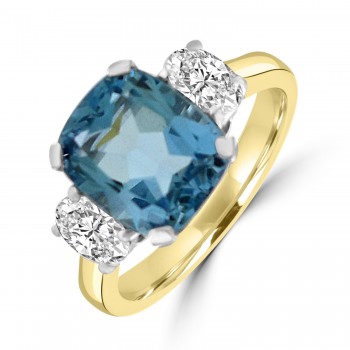18ct Gold Three-stone Blue Topaz and Oval D/EVS1 Diamond ring