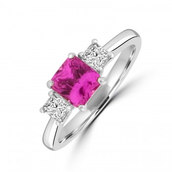18ct White Gold Three-stone Pink Sapphire Diamond Princess ring