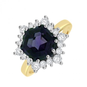 18ct Gold Amethyst and Diamond Hexagonal Cluster Ring