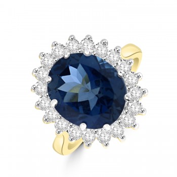 18ct Gold Blue Topaz and Diamond Oval Cluster Ring