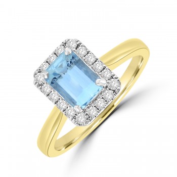 18ct Gold Emerald cut .97ct Aquamarine Diamond Halo Ring