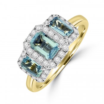 18ct Gold Aquamarine Diamond Triple Cluster ring