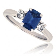 18ct White Gold 3-Stone Emerald cut Sapphire & Diamond Ring