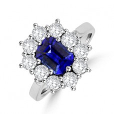18ct White Gold Emerald cut Sapphire & Diamond Cluster Ring