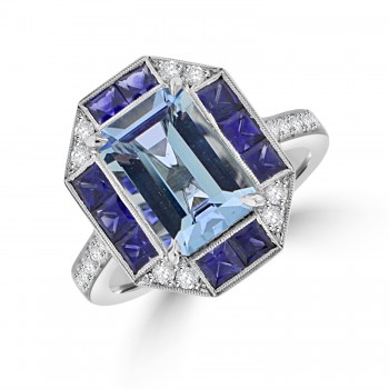 18ct White Gold Aquamarine, Sapphire & Diamond Cluster Ring