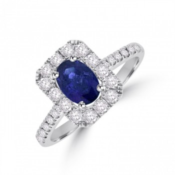 18ct White Gold Sapphire & Diamond Oblong Halo Ring
