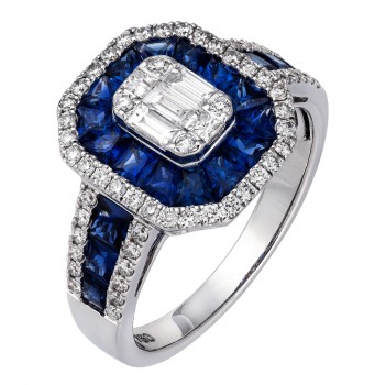 18ct White Gold Sapphire & Baguette Diamond Cluster Ring