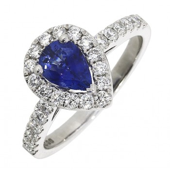 18ct White Gold Pear Sapphire Diamond Halo ring