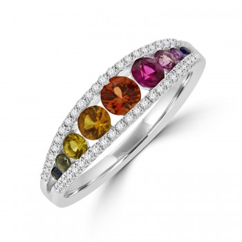 18ct White Gold Graduated Rainbow Sapphire Diamond Ring