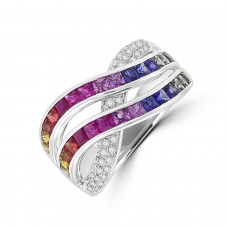 18ct White Gold Rainbow Sapphire and Diamond Twist band ring