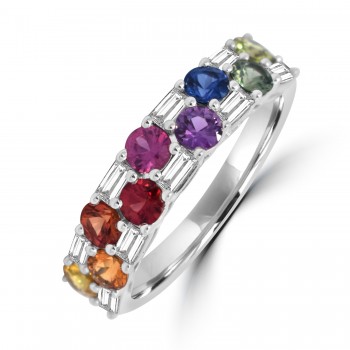 18ct White Gold Rainbow Sapphire and Baguette Diamond ring