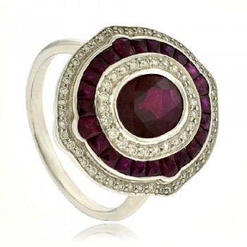 18ct White Gold Ruby & Diamond Art Deco Cluster Ring