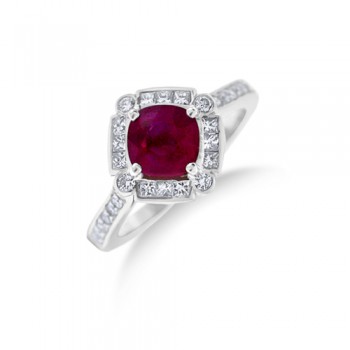 18ct White Gold Ruby & Diamond Cushion Cluster Ring