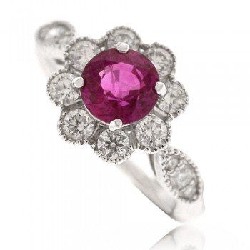 18ct White Gold Ruby & Diamond Vintage Cluster Ring