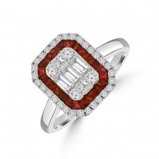 18ct White Gold Ruby & Baguette Diamond Cluster Ring