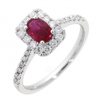 18ct White Gold Ruby and Diamond Long Cushion Halo ring