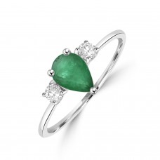 18ct White Gold Pear Emerald and Diamond Three-stone Ring