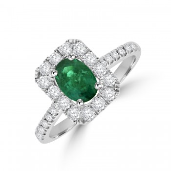 18ct White Gold Oval Emerald & Diamond Cluster Halo Ring