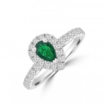 18ct White Gold Emerald & Diamond Pear Halo Ring