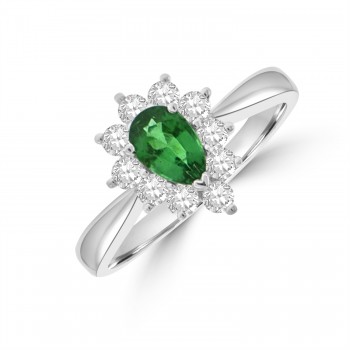 18ct White Gold Pear .49ct Emerald and Diamond Cluster Ring