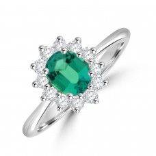 18ct White Gold Emerald & Diamond Oval Cluster Ring