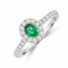 18ct White Gold Emerald and Diamond Oval Halo Ring