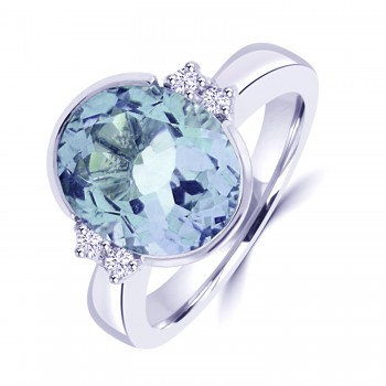 18ct White Gold Aquamarine Rubover and Diamond Ring