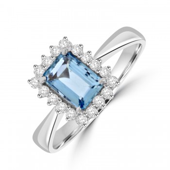 18ct White Gold Aquamarine and Diamond emerald cut cluster ring