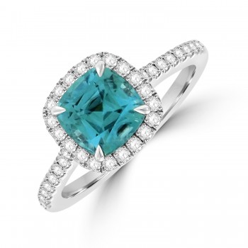 18ct White Gold Blue Zircon and Diamond Halo ring