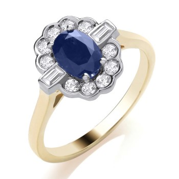 9ct Gold Sapphire and Baguette Diamond cluster ring 9ct Gold Sapphire and Baguette Diamond cluster ring