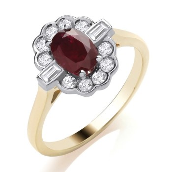 9ct Gold Ruby and Baguette Diamond oval cluster ring 9ct Gold Ruby and Baguette Diamond oval cluster ring