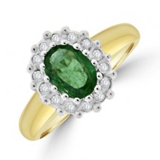 9ct Gold Emerald & Diamond Oval Cluster Ring