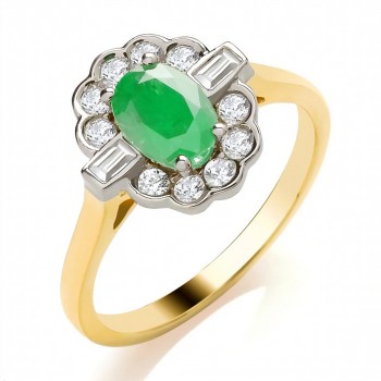 9ct Gold Emerald and Baguette Diamond Oval cluster ring